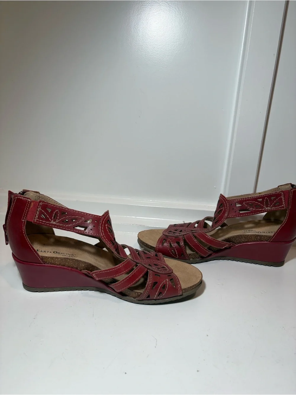 Earth Origins Red Laser-Cut Leather Wedge Sandals with Strappy Design